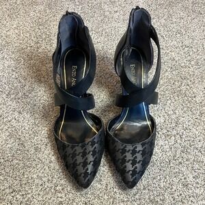 Enzo Angiolini Black Houndstooth Pointed Toe Stiletto Heels Ankle Strap Zip 5.5M